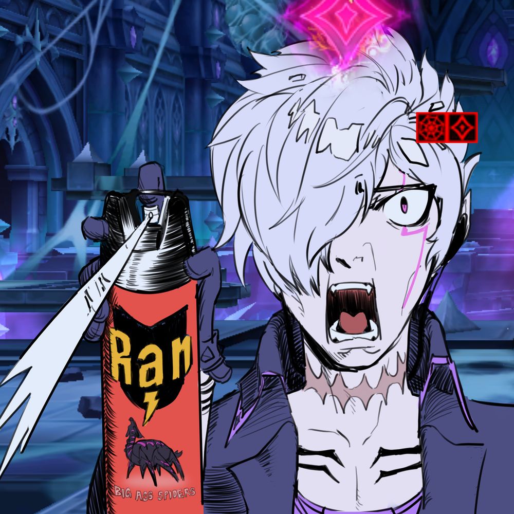 The face of a man who'd just witnessed a giant spider lady launch 50 feet in the air at breakneck speed. (A digital drawing of Doom Bringer from Elsword holding a bug spray can. He looks horrified.)