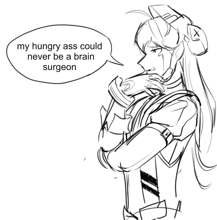 A digital sketch of Dissembler from Elsword. He rests his elbow on his folded arm. He strokes his chin and says "My hungry ass could never be a brain surgeon."