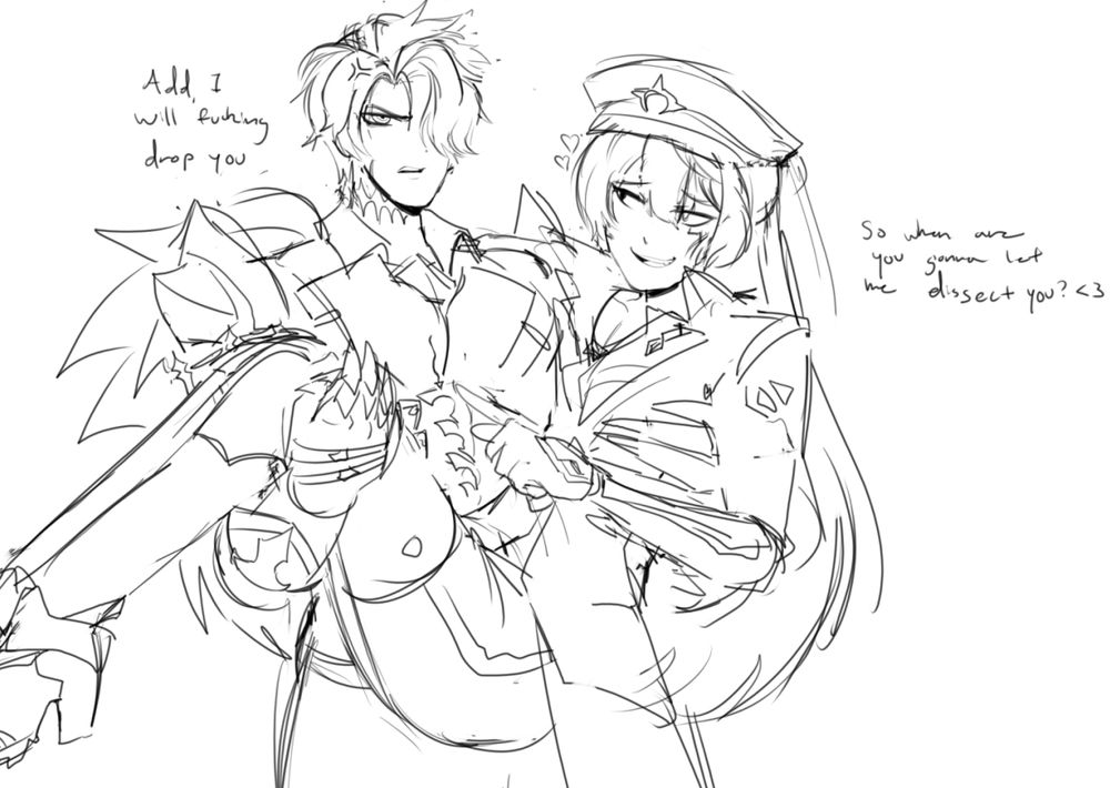 a very rough digital sketch of Revenant and Overmind from Elsword. Revenant is carrying Overmind. Overmind looks at him and says; "So when are you gonna let me dissect you? <3" Revenant looks annoyed with Overmind. He responds "Add, I will fucking drop you."