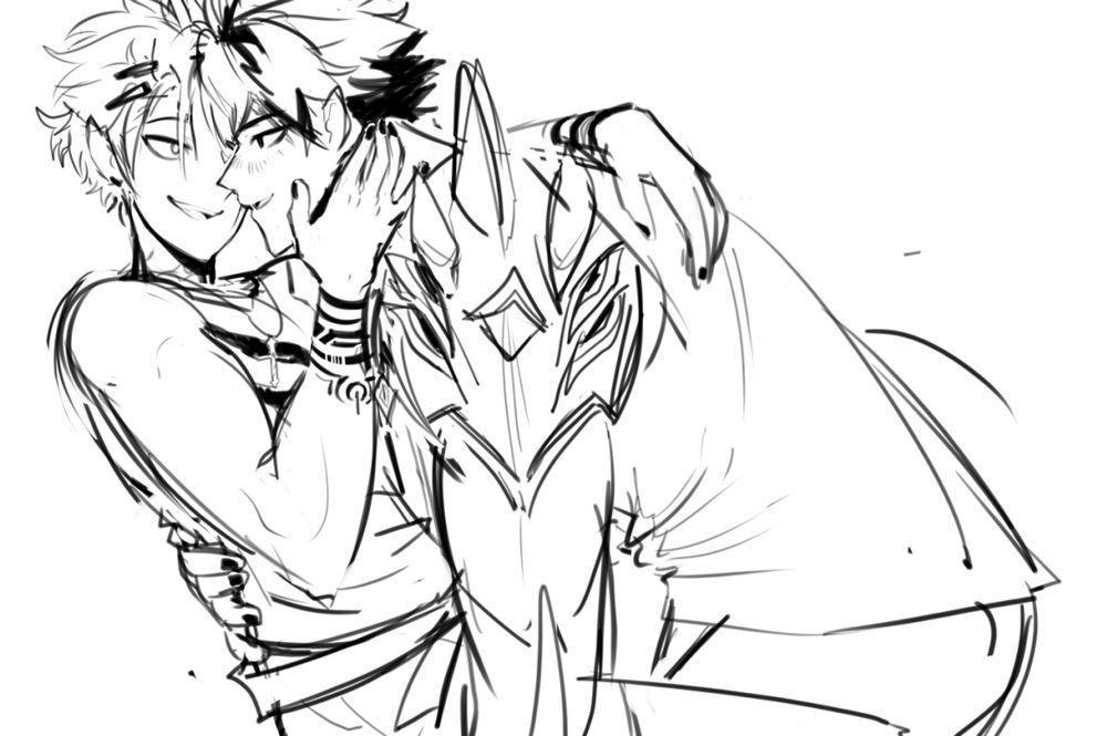 A digital drawing of Doom Bringer (left) and Rage Hearts (right) from Elsword. Doom Bringer smiles as their faces draw near... His hand gently caresses Rage Heart's jaw.
