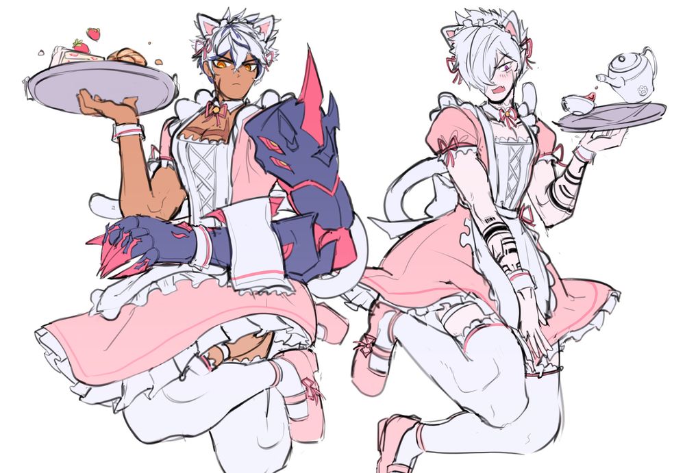 A full body digital drawing of Rage Hearts and Doom Bringer from Elsword. Rage Hearts wears a pink, kitty-themed maid outfit while carefully balancing a tray of food. Doom Bringer wears the same outfit. He clumsily wobbles a tray with a tea kettle and a teacup.