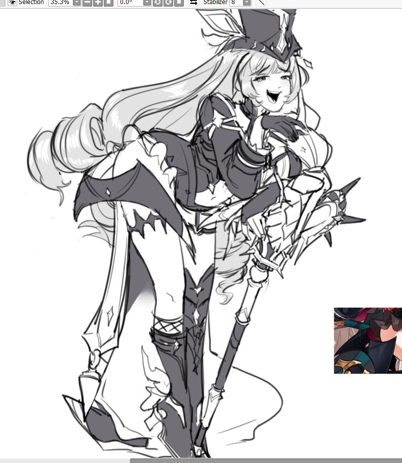 A digital drawing of Mischief from Elsword. She leans on her pickaxe as she gazes at the viewer tauntingly.