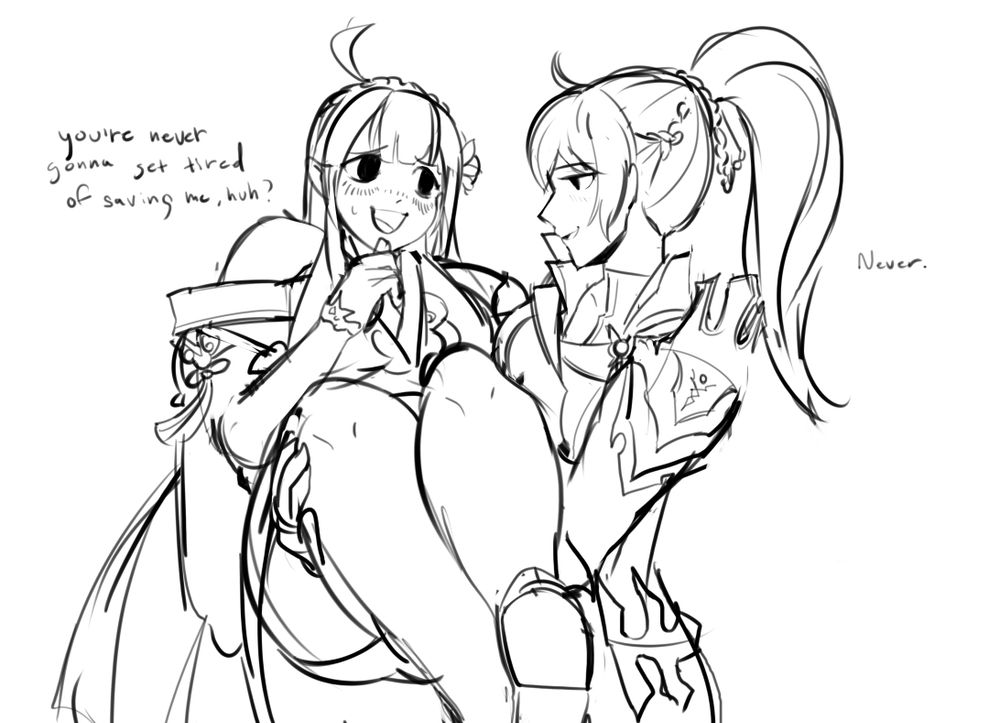 a digital sketch of Apsara and Empire Sword from elsword. Empire sword is carrying Apsara in her arms. She looks at Apsara, lovingly. Apsara looks embarrassed. Apsara says "You're never going to get tired of saving me, huh?" implying that this is not the first time this has happened. "Never." Empire sword responds.