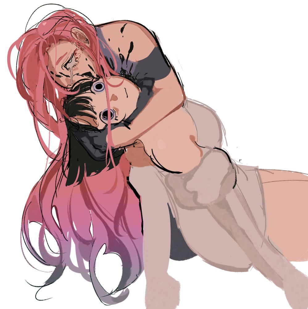 Mizi and Sua from Alien Stage. Mizi has an expression of grief. She holds a deceased Sua in her arms. Sua's blood is splattered on Mizi's face. Sua's eyes are wide and blank, her body is limp.