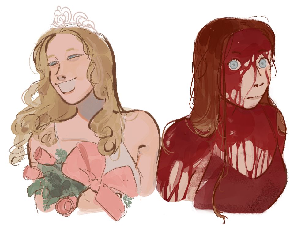 carrie from Carrie (1976). In the first drawing, she smiles brightly holding a bouquet of flowers with a large bow in her arms. In the second, she is covered in blood from her head down, a deer-in-the-headlights expression on her face.