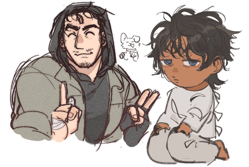Same characters as previous. Phill is making double peace signs. He is missing his right index finger. Myeol, in chibi style, has long hair and wears a white hospital gown.