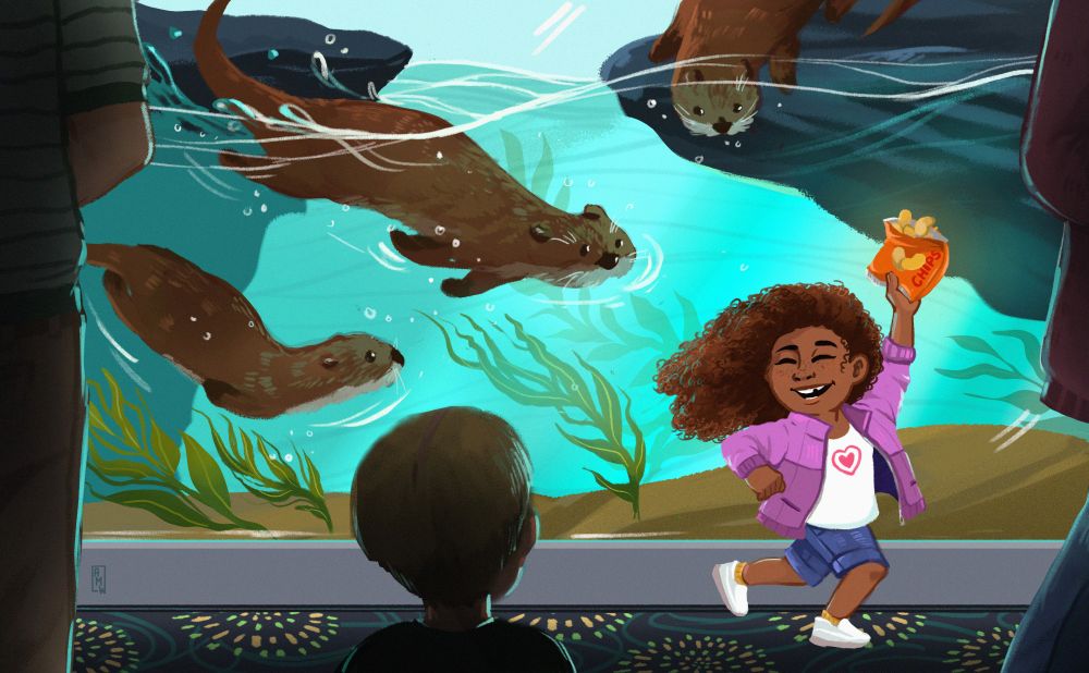 whimsical illustration of a girl at an aquarium playing with river otters. She jogs by their enclosure holding up an opened bag of chips as a lure, 3 otters curiously swim after her. silhouettes in the foreground watch the cute display
