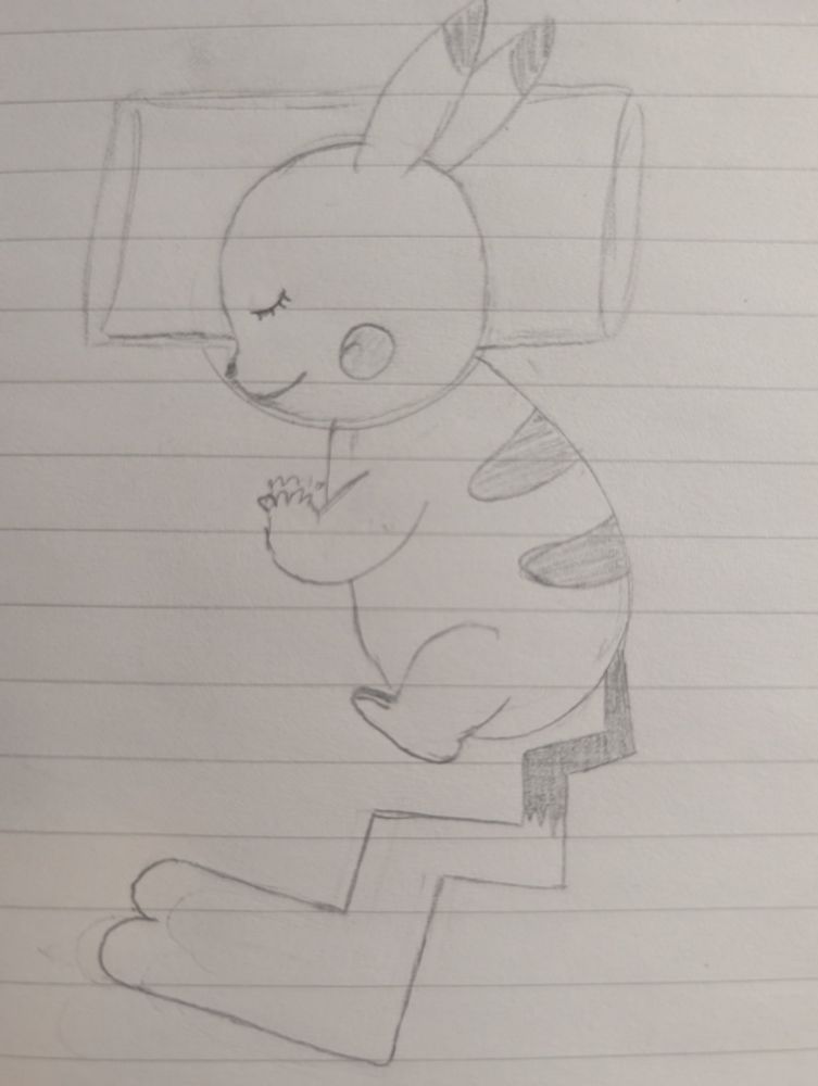 A female Pikachu sleeping in a fetal position. Her tail is curled up below her feet, and her head is resting on a pillow.