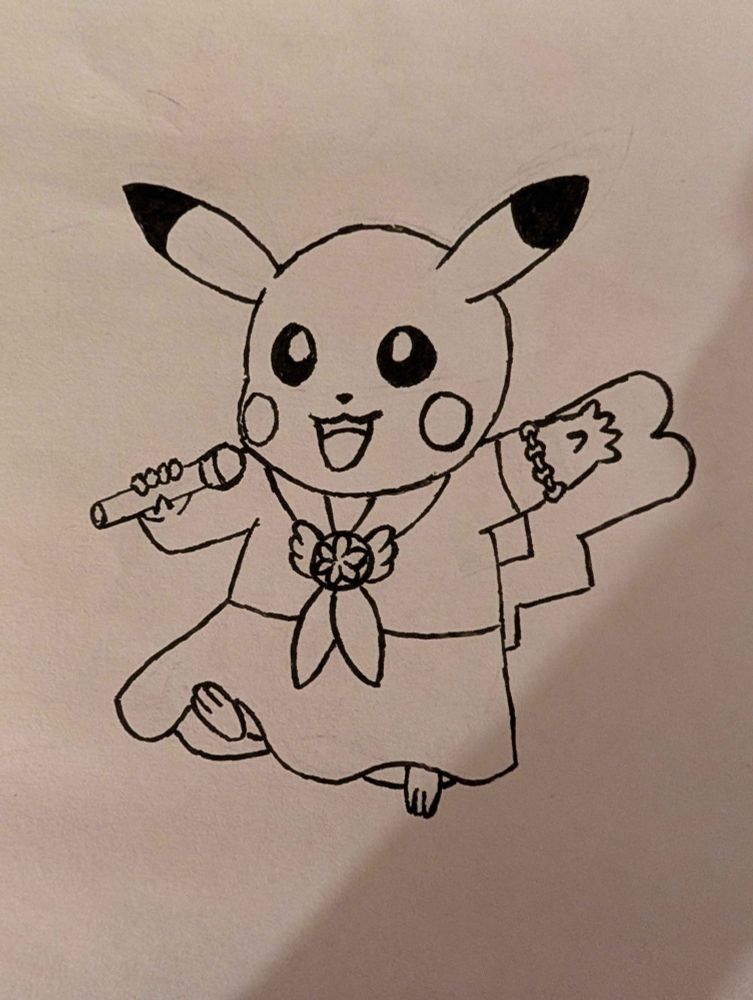 Line drawing of Hikaru, a female Pikachu with her mouth open and holding a microphone in her right hand. She is wearing a sailor uniform with a short-sleeved shirt, a skirt extending down to her feet, and a collar tied in front with a circular winged badge. She is also wearing a bracelet on her left arm. There are two semicircles like a heart at the tip of her tail.