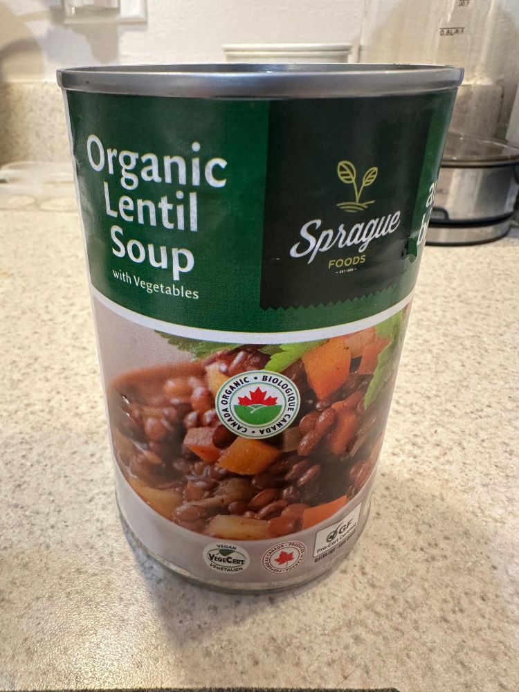 Photo of a can of Canadian made Organic Lentil Soup, by Sprague Foods