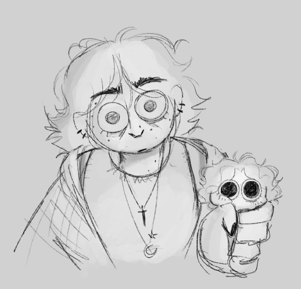 a scribbly drawing of myself in a cartoony style, eyes wide with a blank stare at the camera. in my hand i am holding a smaller cartoonier version of myself in a very tight grip. the smaller me has bigger, wider eyes and is also staring at the camera.