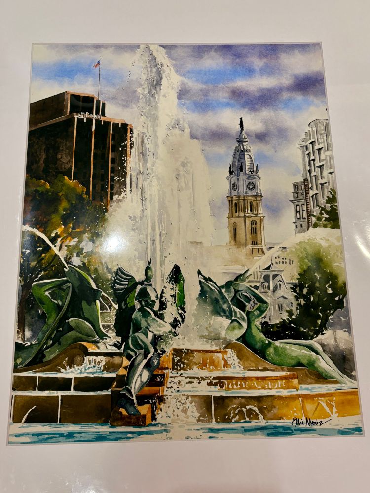 the watercolor painting mentioned in the post. it is a view of the fountain at Logan Circle in Philadelphia, and you can see City Hall in the background 