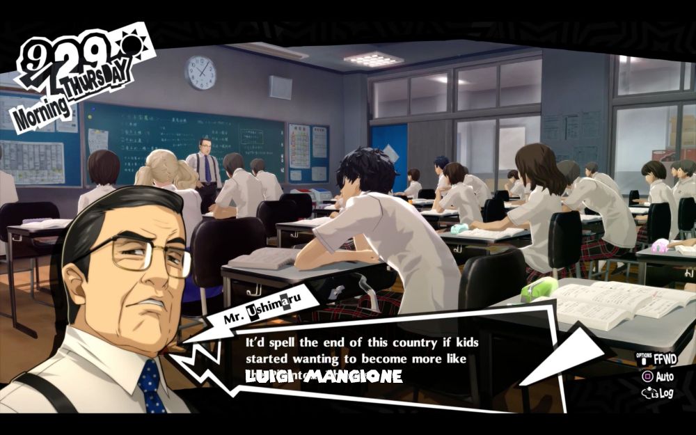 A screenshot from Persona 5 on 9/29 with a teacher, Mr. Ushimaru, saying "It'd spell the end of this country if kids started wanting to become more like 'Luigi Mangione" with the name "Luigi Mangione" superimposed over the words "The Phantom Thieves" in a Super Mario font.
