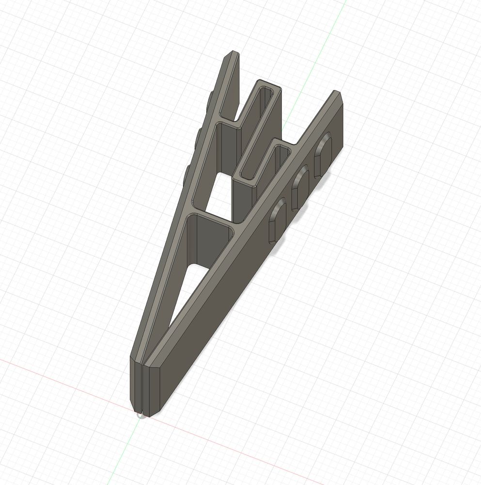 3D model of a printable clip with integrated spring elements, designed in Autodesk Fusion. The clip has a tapered body with several cutouts and ridges to enhance flexibility and gripping strength. The view is in isometric perspective on a grid workspace background.