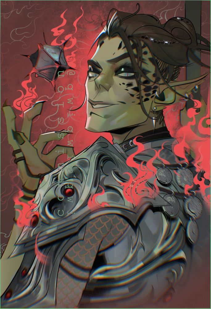 Comm of my bff's character Kyth, wild magic sorcerer.
Githyanki looks over his shoulder. Reddish flames run over his shoulders here and there from one hand that holds a staff. Mysterious Artefact is floating above his hand, catching a bit of flame on itself.