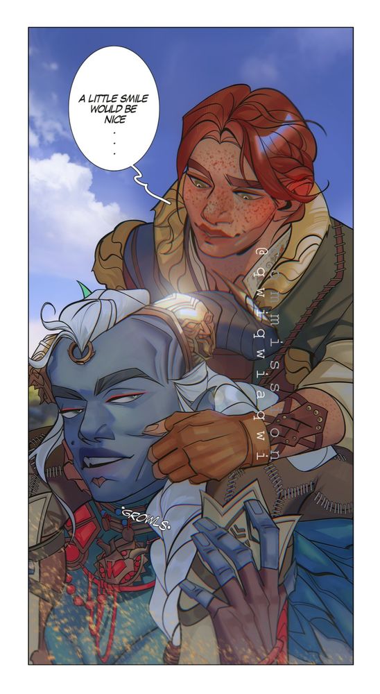 Taash and Lace Harding from Dragon Age: The Veilguard. Harding on Taash's shoulders pulling their cheeks. Blue sky in the background.
