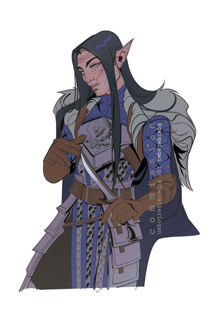 Sketchy half body piece of Logan's elven grey warden Rook (Isolde). Isolde has long black hair and June's vallaslin. She's wearing DA2-like grey warden armor with a fur cloak over it. She's holding a dagger.