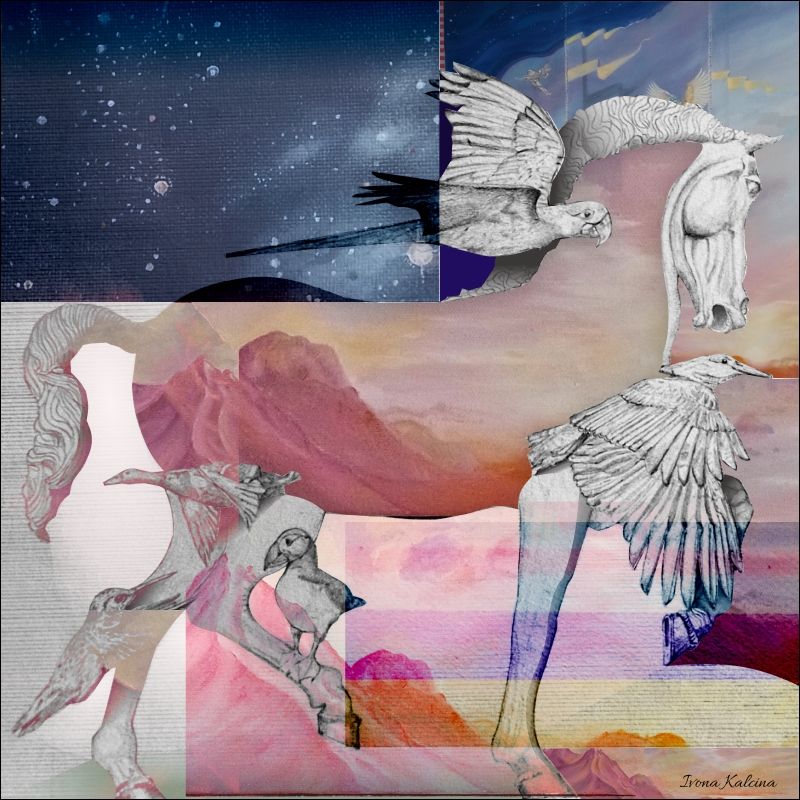 I drew a horse that blends in with a sunset that colors the sky red and free birds flying around