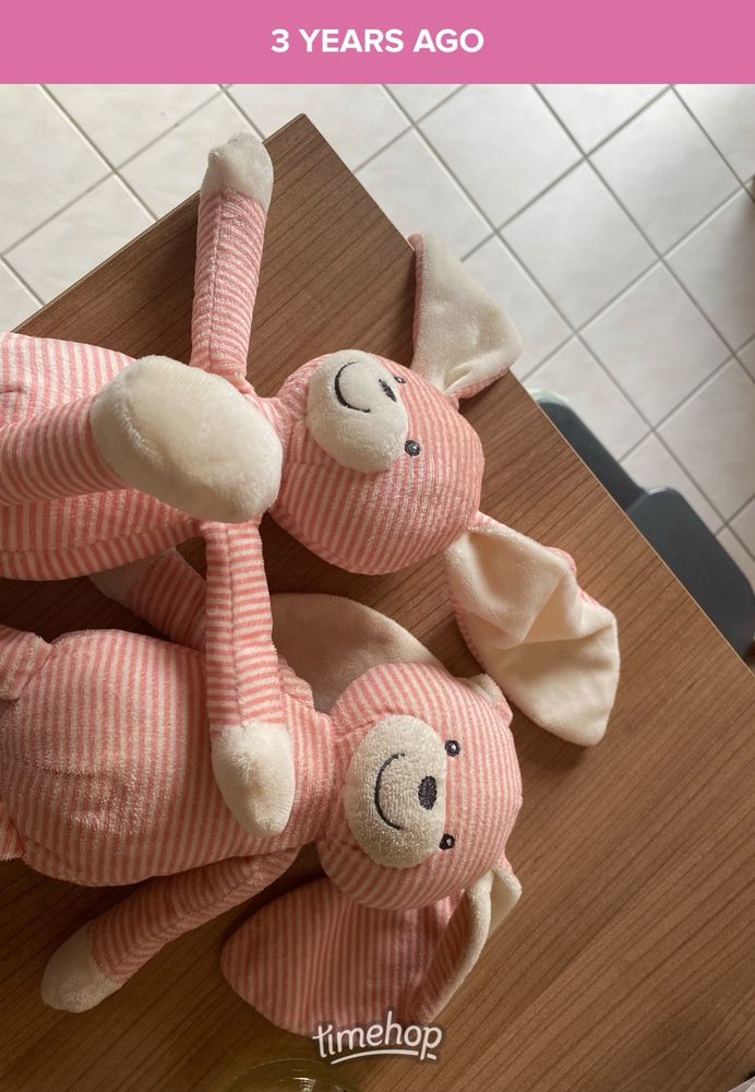 Zwei Plüschhasen rosa-beige gestreift.