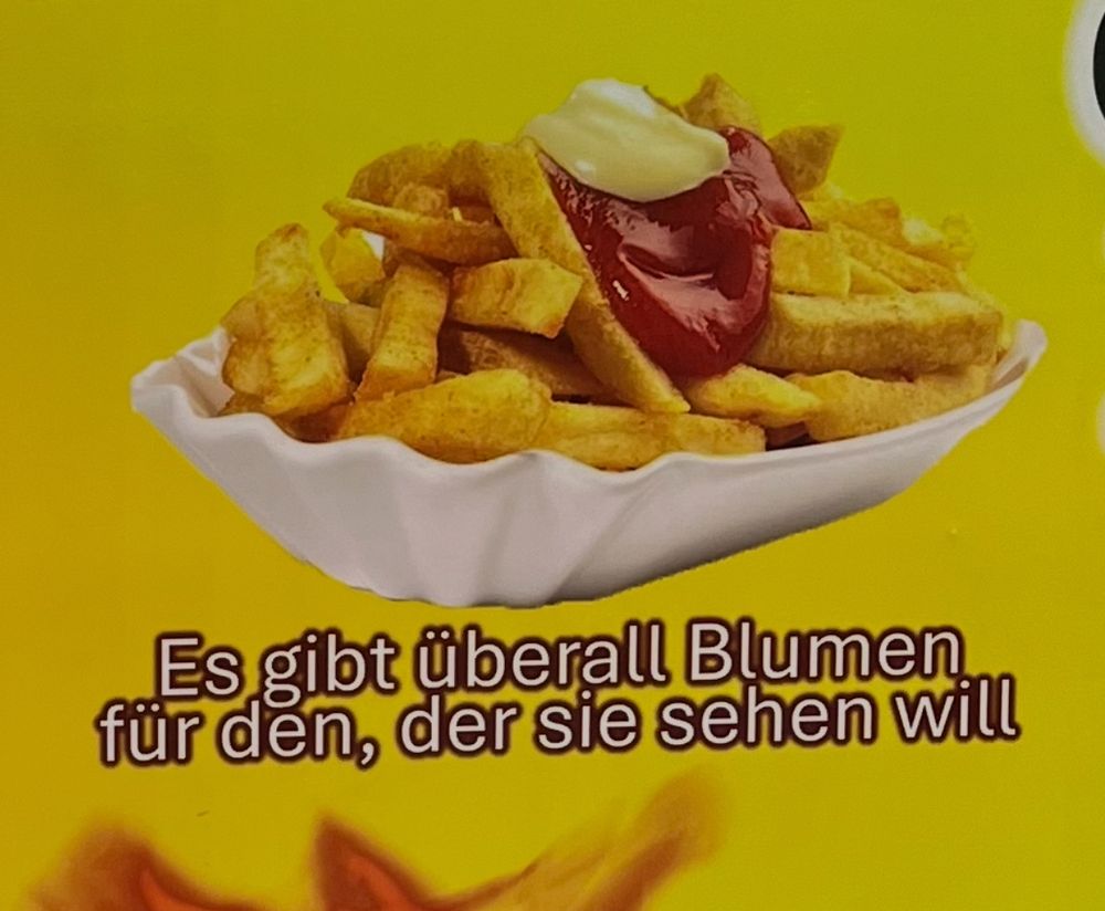 Es gibt überall Blumen für den, der sie sehen will. Darüber ein Foto einer Schale Pommes mit Ketchup und Mayo.
