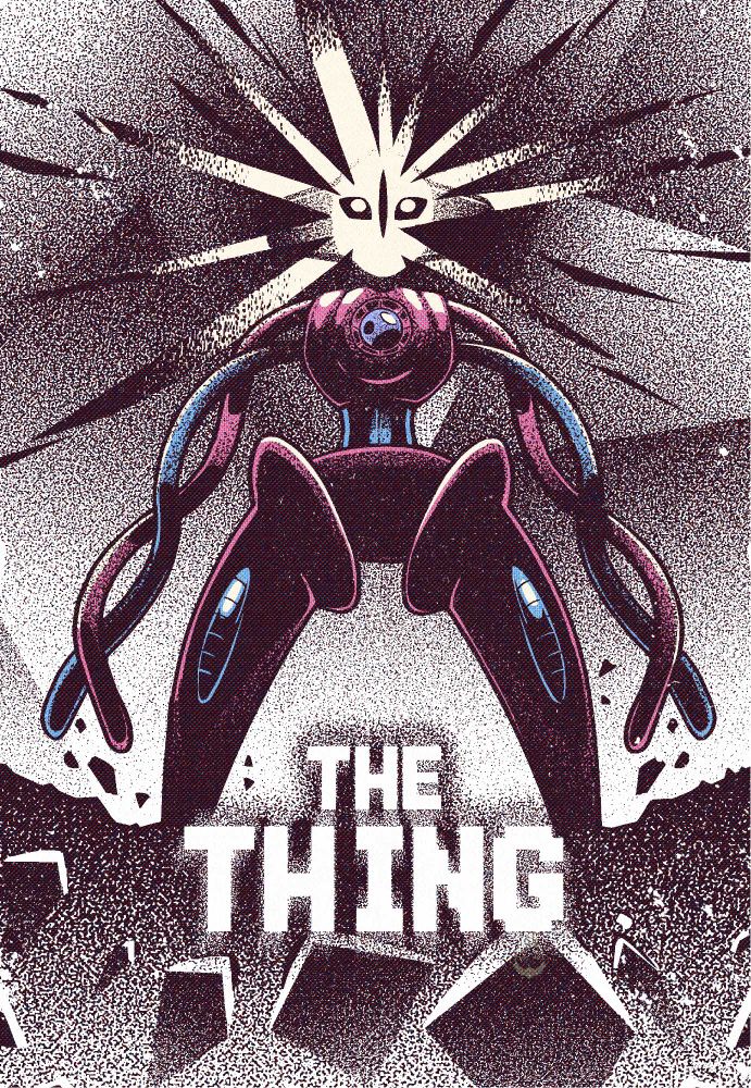 Pokémon Deoxys, um alien com um brilho no rosto visto de baixo para cima, a ilustração faz referência ao poster do filme The thing (enigma de outro mundo)