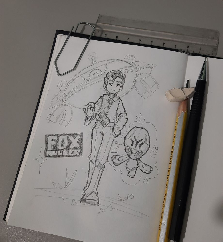 Fox mulder da série arquivo X com uma pokébola na mão e dois pokémons ao seu lado, na esquerda o Elgyem e na direita a cima um Magnezone
