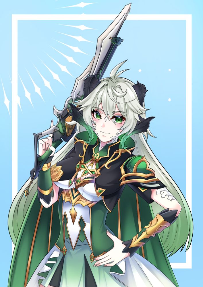 A illustration of my vtuber. A white hair girl in green and black clothing holding a gunblade over the shoulder.