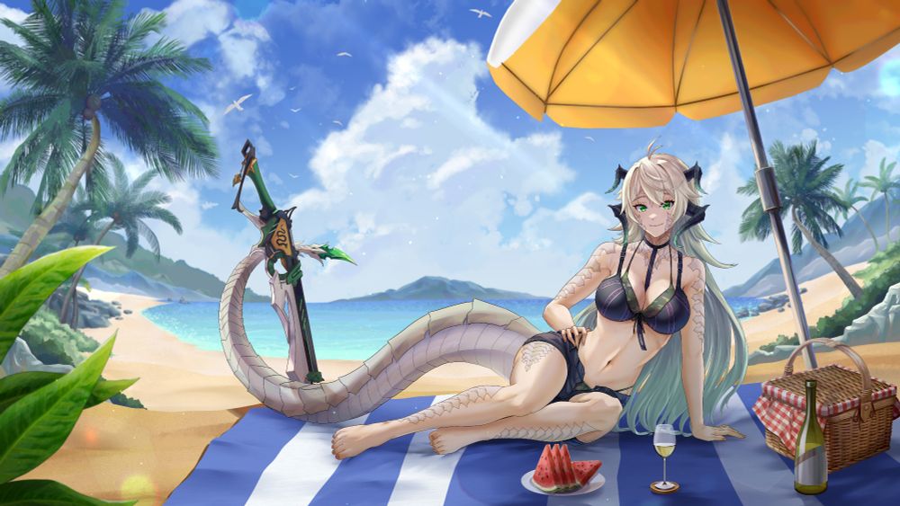 A white-haired dragon girl with white hair sitting down on a beach towel at a tropical beach. The girl is wearing a black bikini and sitting underneath a large umbrella. There is a picnic basket with a bottle, a glass half filled with a liquid, and a plate of watermelon slices. There is a sword in the sand next to the girl's long dragon tail.