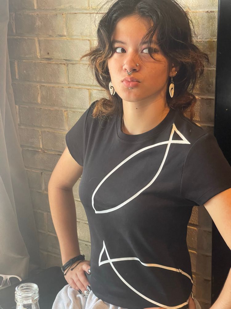 Family member wearing fish tshirt