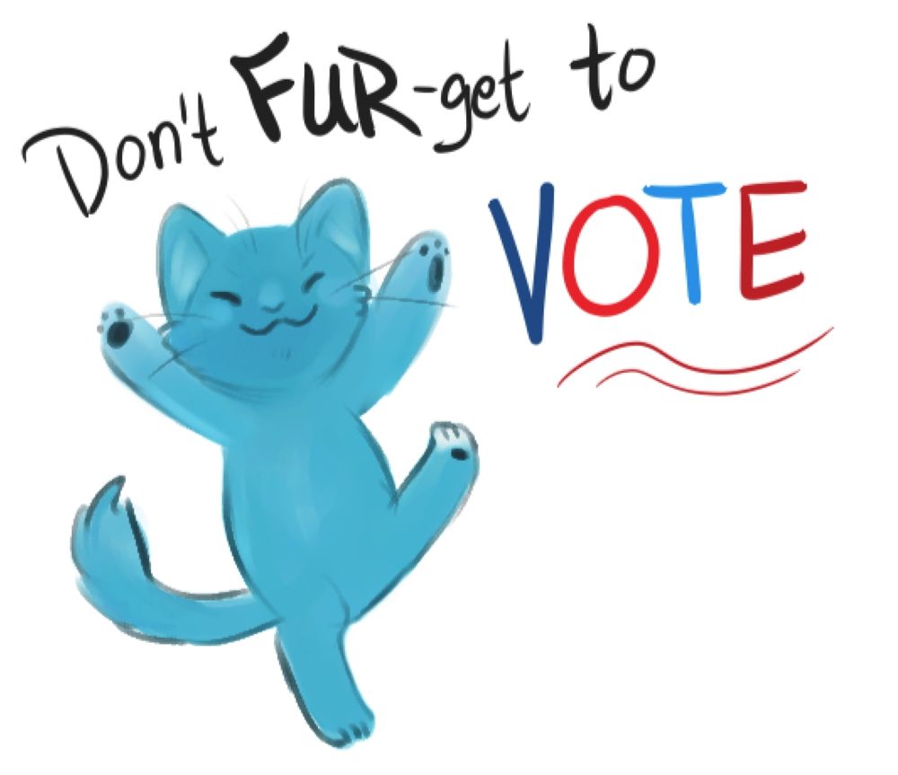 Digital art of a blue cat suggesting you don't forget to vote