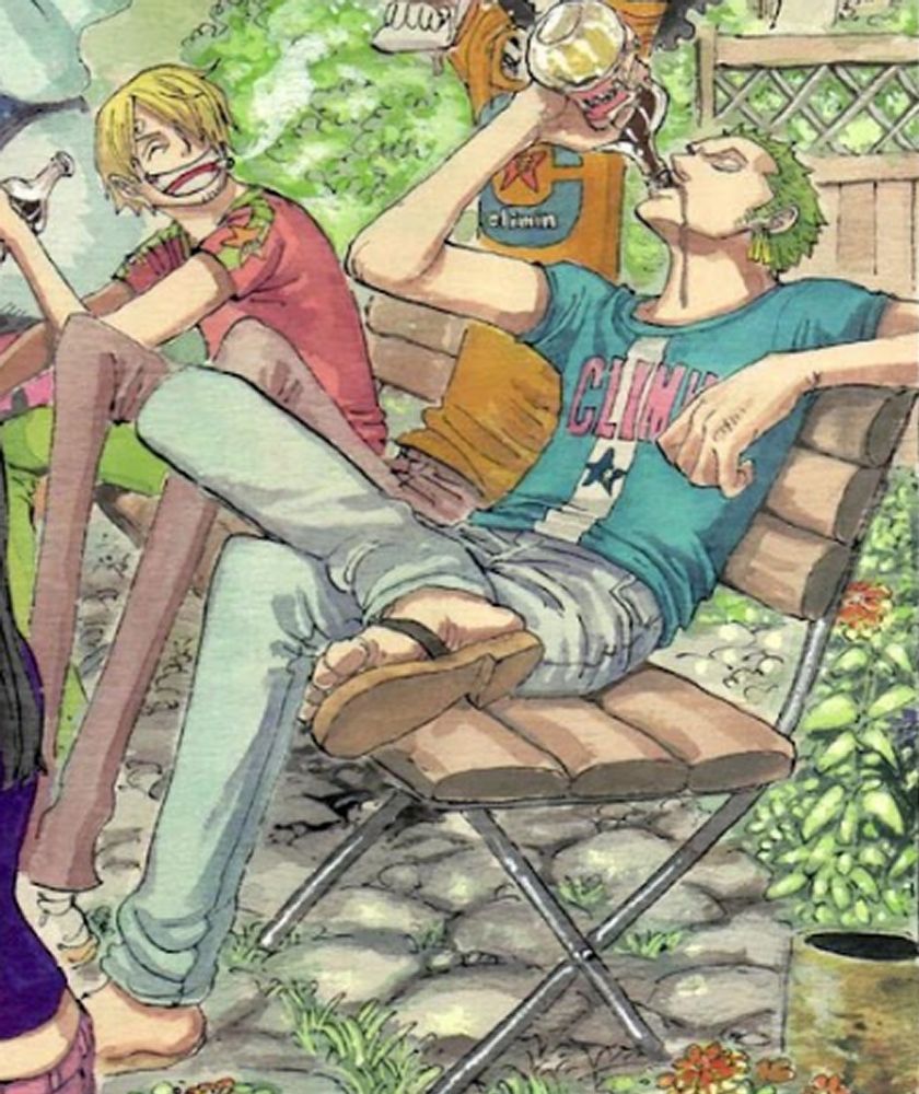 Official art of Sanji and Zoro from One Piece on a bench drinking and relaxing
