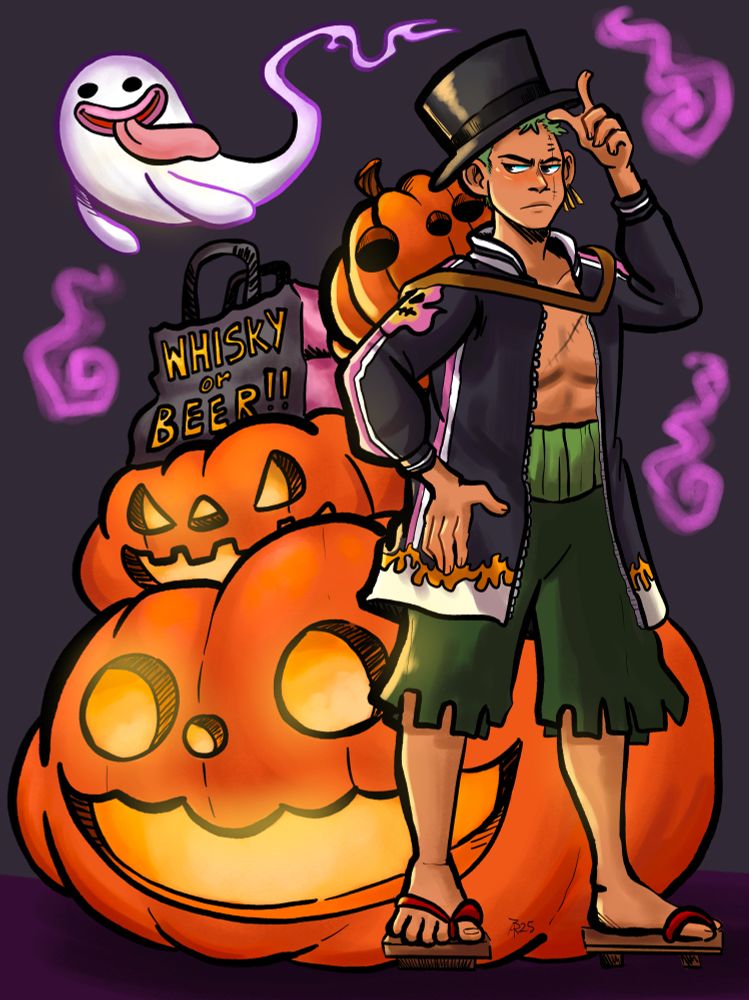 Digital art of Zoro from One Piece wearing a vaguely Halloween-themed outfit as a cheerful ghost and giant jack-o-lanterns loom in the background. There is a shopping bag perched on a ghost that says: Whisky or Beer!!