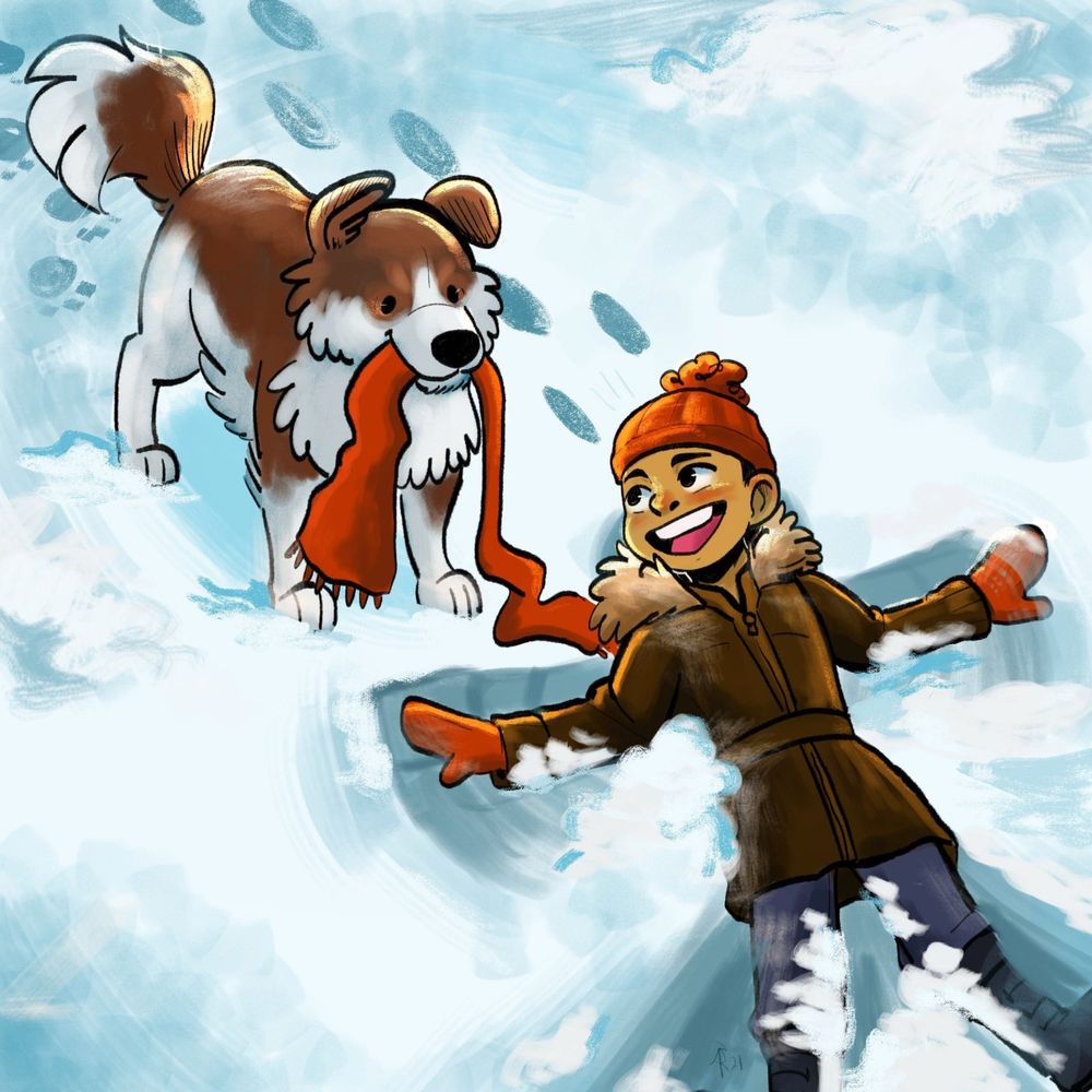 Digital art of a child making snow angels in the snow while a brown sheepdog offers them their missing red scarf