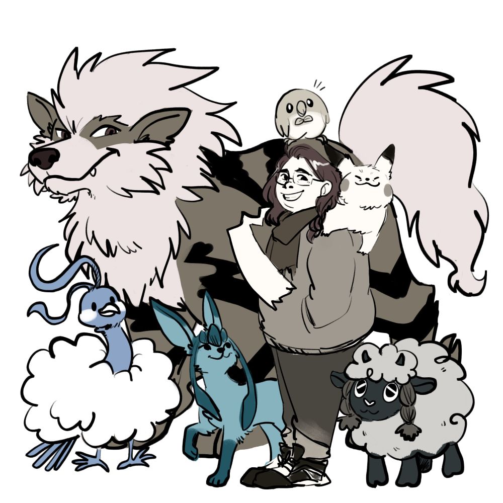 Digital illustration in monochromatic shades of a woman surrounded by Pokemon; notably a scruffy Pikachu is balanced on her shoulders