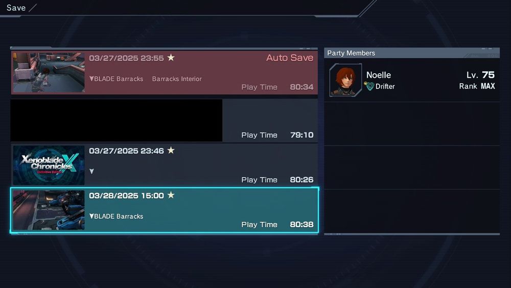 Screenshot showing the save files, which are completed files. One save is censored for spoiler reasons.