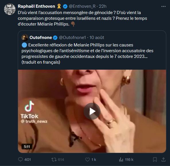 Tweet de Raphaël Enthoven citant une vidéo traduisant une "analyse" de la militante conservatrice Melanie Phillips : D'où vient l'accusation mensongère de génocide ? D'où vient la comparaison grotesque entre israéliens et nazis ? Prenez le temps d'écouter Mélanie Phillips.