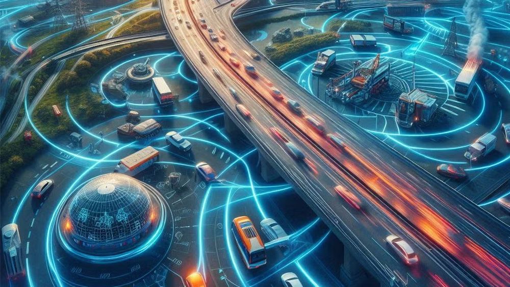 Futuristic digital visualization of a curved motorway with vehicles, overlaid with glowing blue holographic data circles and analytical interfaces, representing smart transportation technology and road network data analysis.
