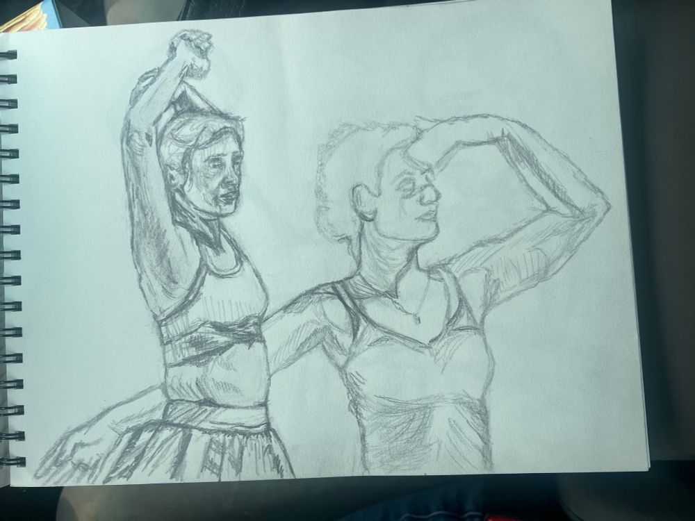 Unfinished sketch of two women standing together, their arms outstretched