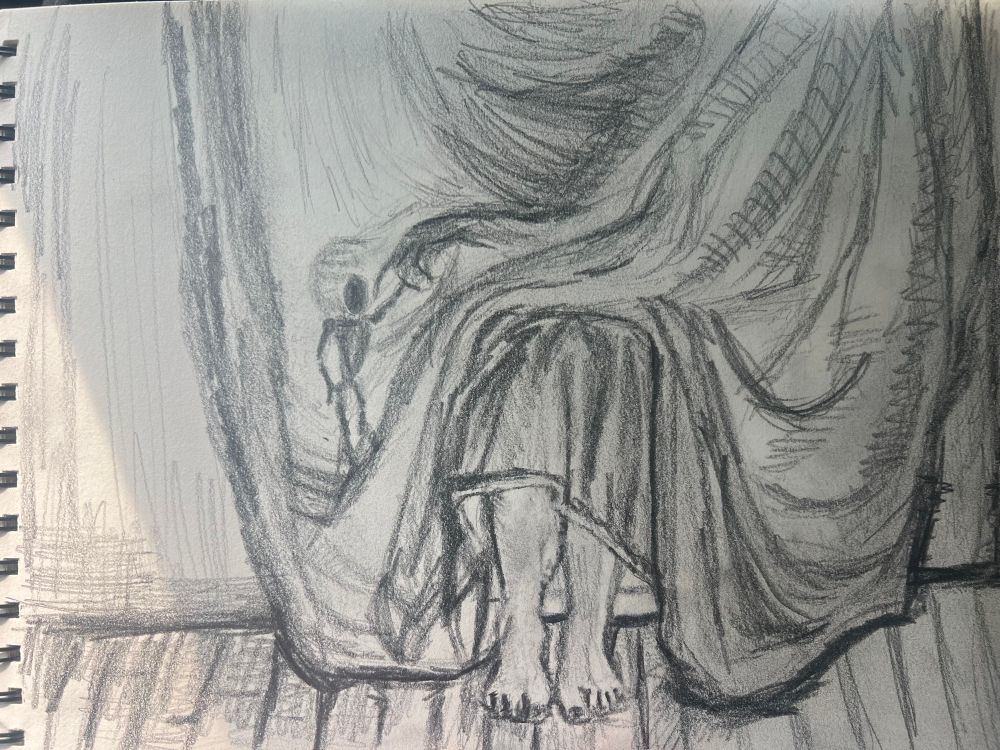 Rough drawing of a shadowy figure sitting behind a draped sheet with only their feet showing while holding a small marionette off to the side