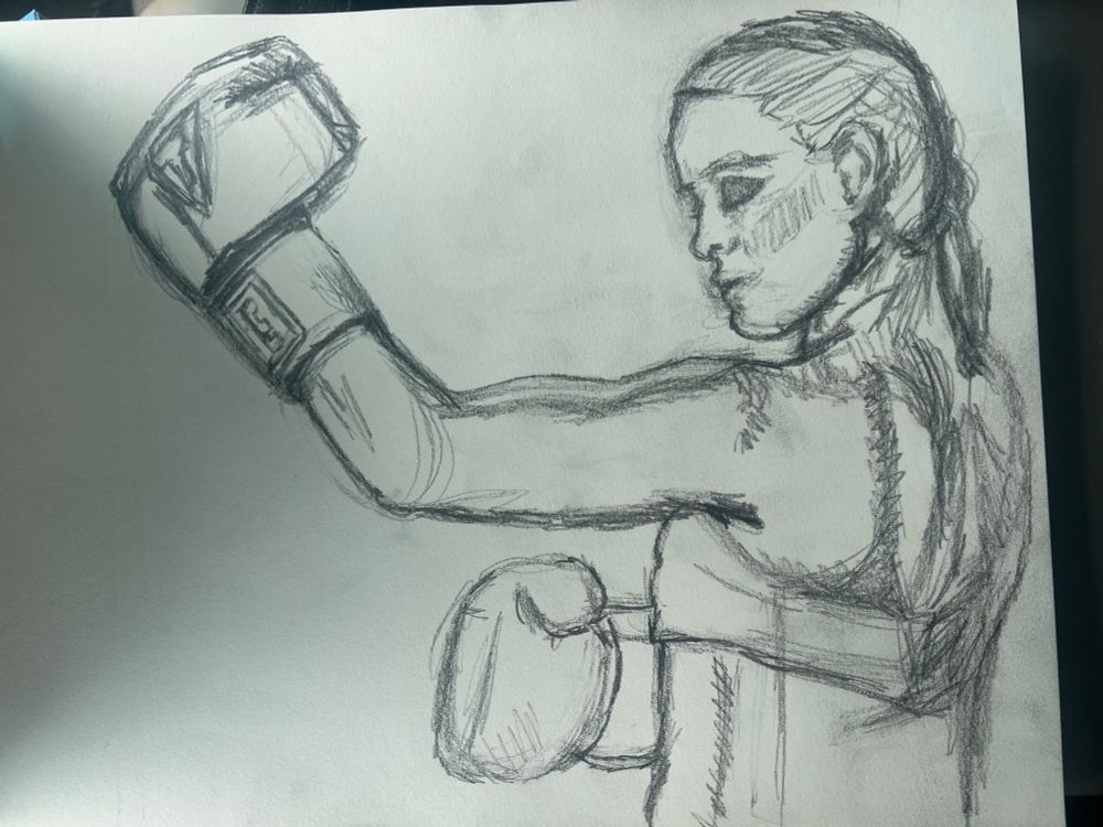 Quick sketch of a boxer posing with her eyes closed and boxing gloves held up