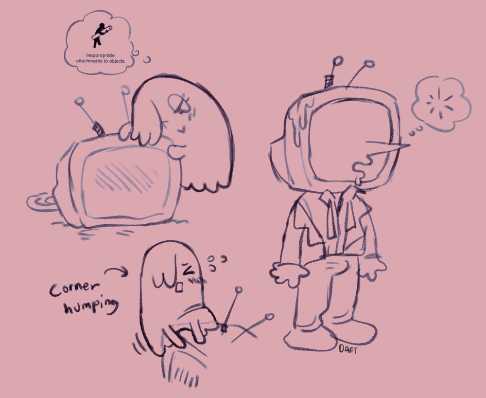 drawings of hapstablook (mettaton) and tenna from deltarune. hapstablook is shown hugging his tv (tenna's light world form) and thinking about the "inappropriate attachment to objects" meme. in the next drawing he's humping the corner of the tv (i'm playing with the jokey way people draw the entire bottom of a sheet-ghost as an erogenous zone. in the last drawing tenna is shown in his dark world form, standing dumbfounded and disheveled with a hardon. the corner of his head has ectoplasm on it.