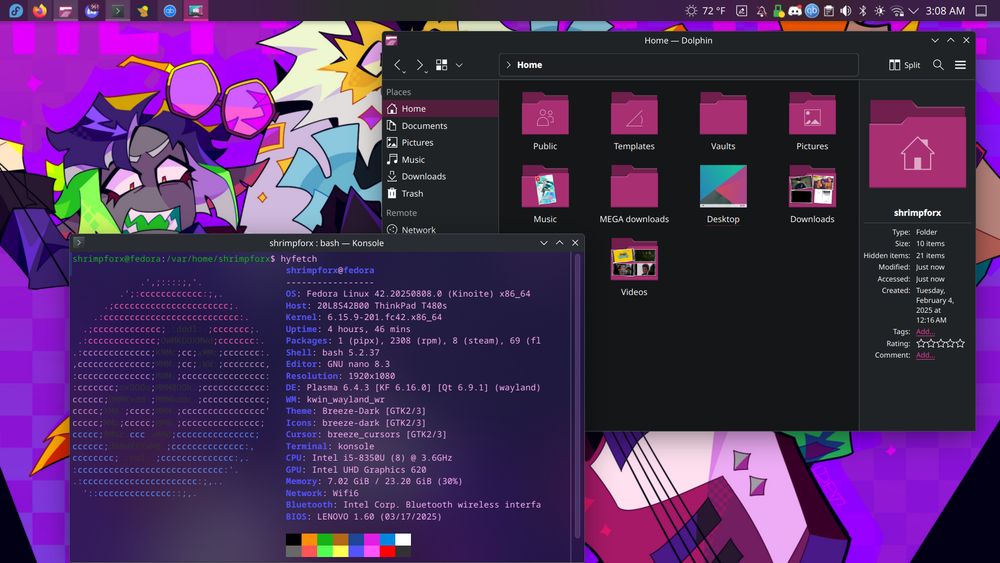 KDE plasma desktop showing hyfetch and Dolphin file explorer
