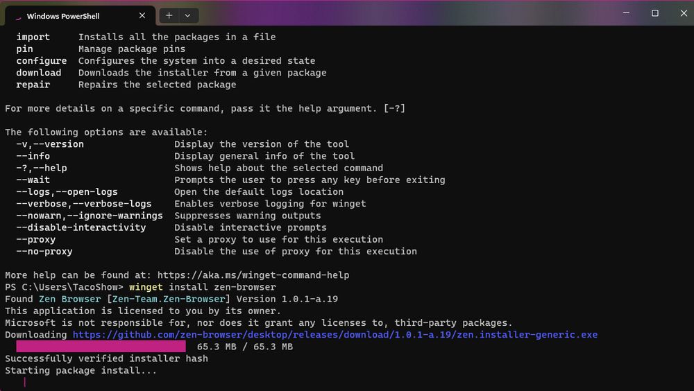 win get running in the windows terminal installing zen browser 