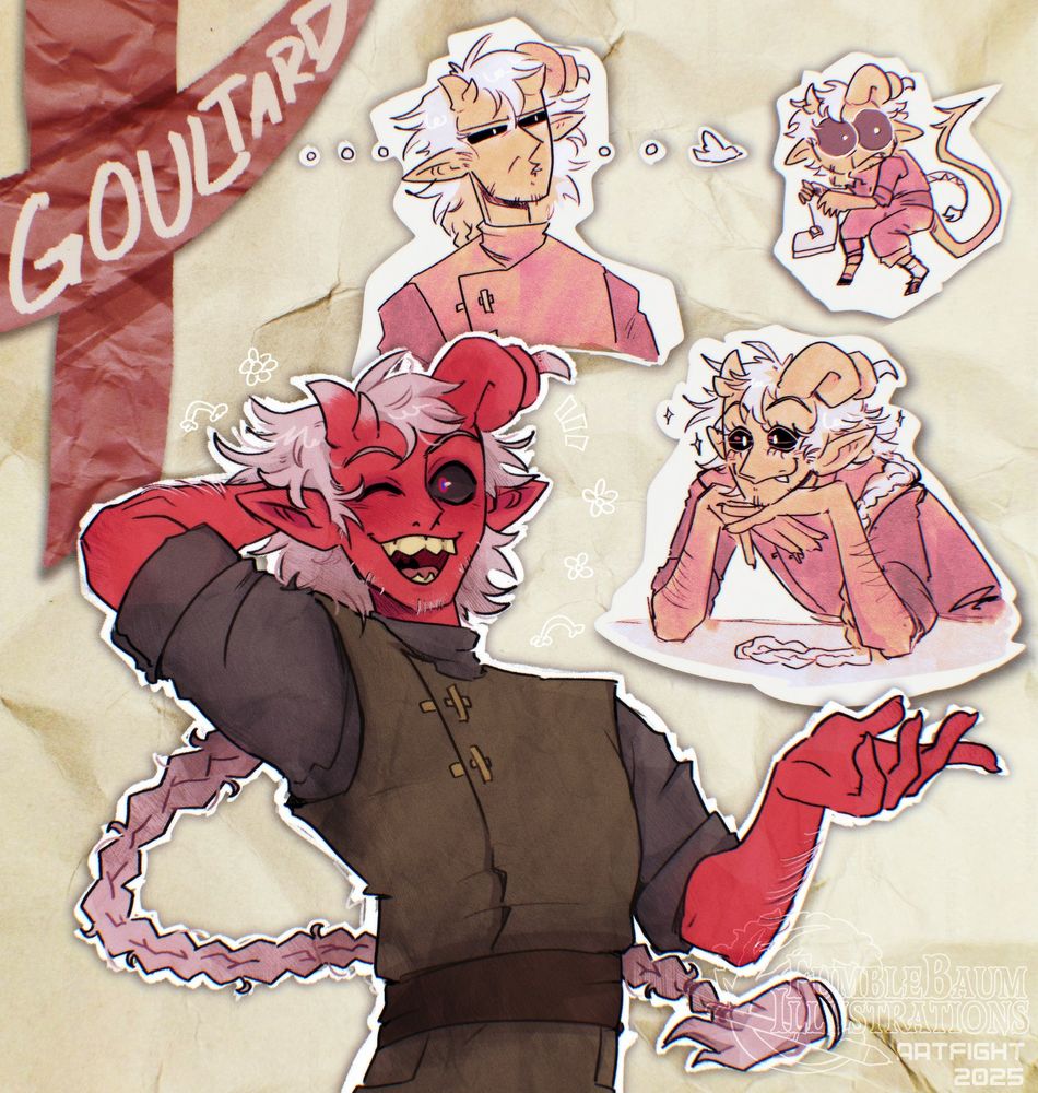 image depicts Goultard, a red tiefling with jagged teeth, scruffy facial hair, and a dopey grin. He had lightish grey hair that is messy at the top and is braided past his butt, black scleras, and red pupils with blue rims. his horns are asymmetrical, shorter and stubbier on one side while they other spins like a corkscrew and tapers into a gradient similar to his hair color. He wears a grey turtleneck with a green tunic and brown belt over top and is in a lighthearted pose with his arm behind his head. behind him are three cruder monochromatic doodles, one where he stares off into space, one where her is batting his lashes with elbows on the table and chin on the back of his hands, and the last is a chibi of him looking behind his shoulder suspiciously as he makes off with a stolen shoe