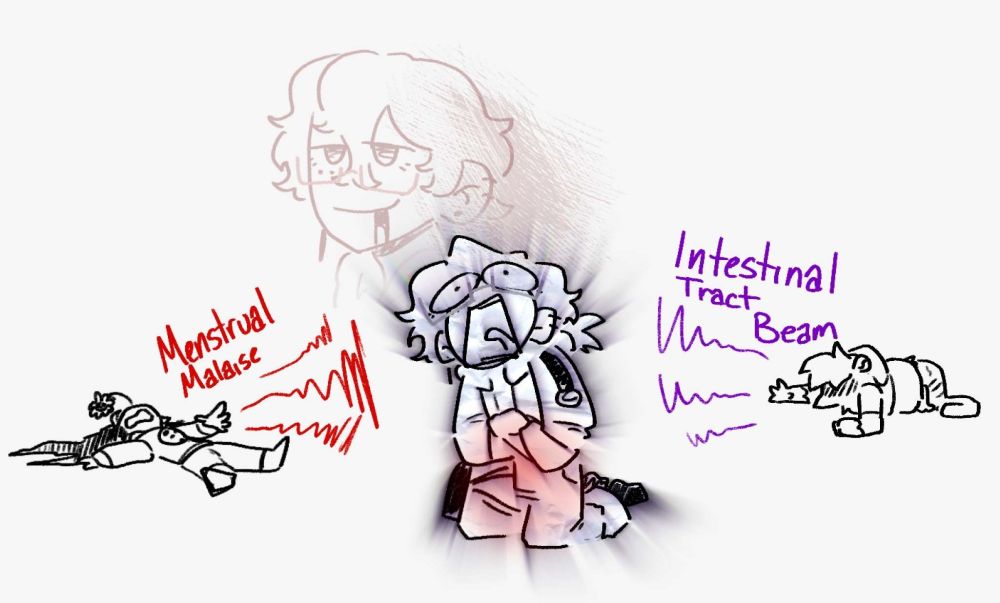 crude doodle of Keebs doubled over in pain on the ground with their hand raised towards Isaak with purple wavy lines labelled "Intestinal Tract Beam". Isaak is see to the left, on the ground by his knees clutching his stomach as he screaming in cartoonish agony. to the furthest left, Mokki is laying flat on their back casting red lines labelled "Menstrual Malaise" and a superimposed headshot of Isaak floats above, eyes glazed over and smiling while blood drips from his mouth