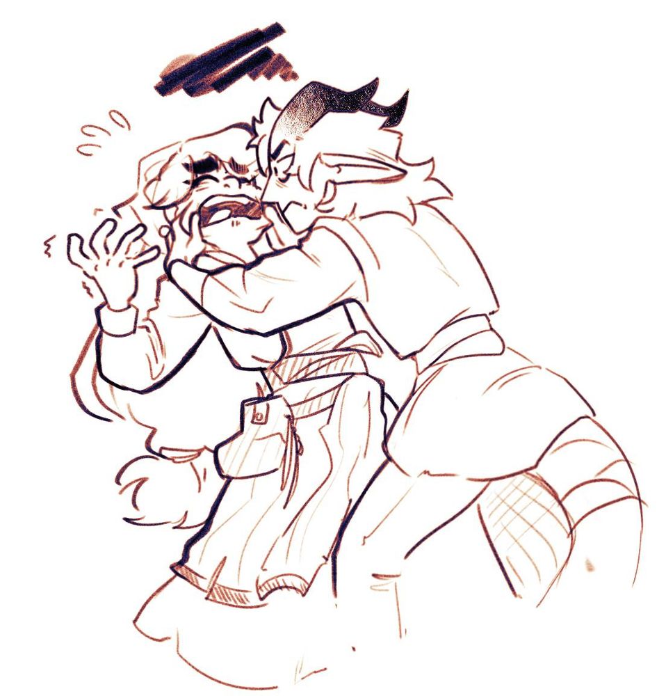 Keeva frustratedly pinching and pulling at Mokki's cheeks with a frown while Mokki flails their arms, wailing at the injustice bestowed upon them