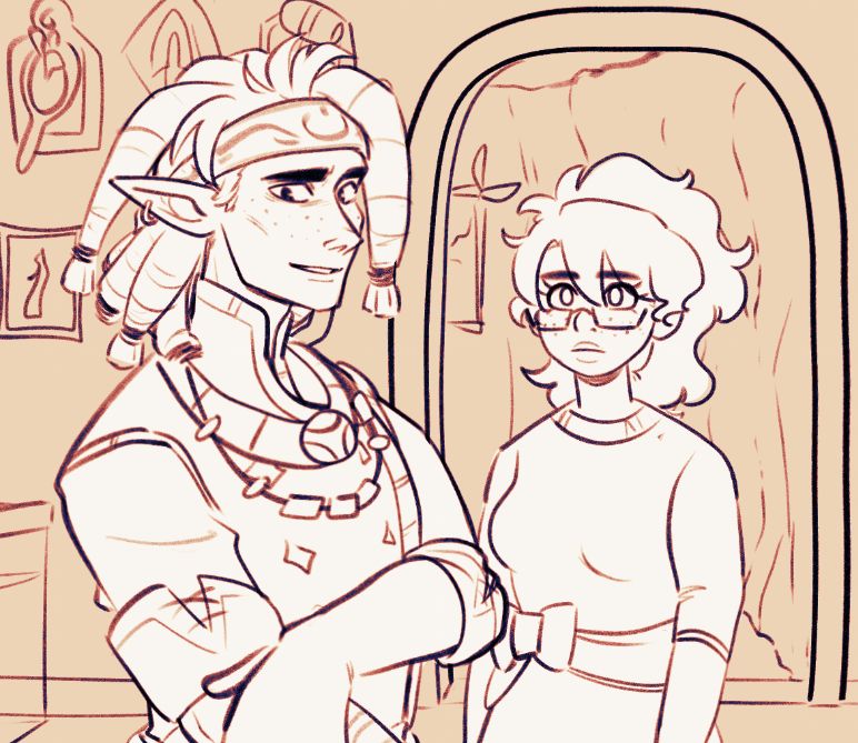 Reth is looking apprehensive as he turns away from a confused Isadora. he's running his hand over the tracking runes on his arm as he looks away, avoiding her gaze.