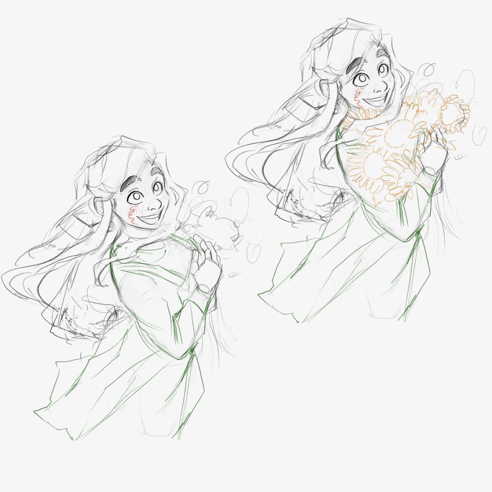 Sketches of Mokki side by side holding a bouquet of sunflowers as well as empty handed