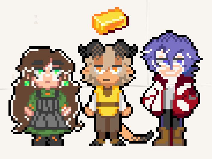 unfinished pixel sprites of Mokki, Keeva, and Isaak in wplace. Keeva is finished and has a Minecraft Gold Ingot above their head