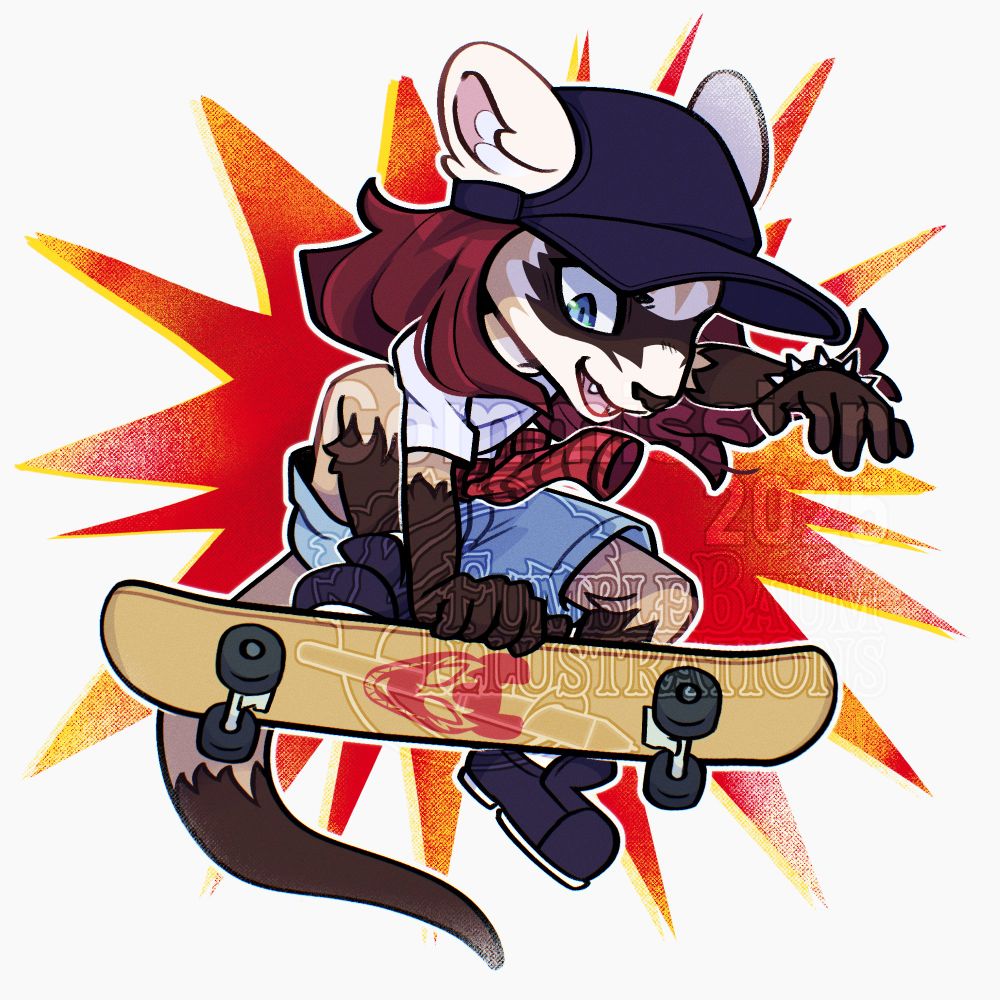 chibi of a ferret girl riding a skateboard in a dynamic pose. She is wearing a white tee, red flannel around her waist, and light blue shorts with dark blue sneakers and a dark blue front facing baseball cap. she has long dark reddish brown hair and light blue eyes